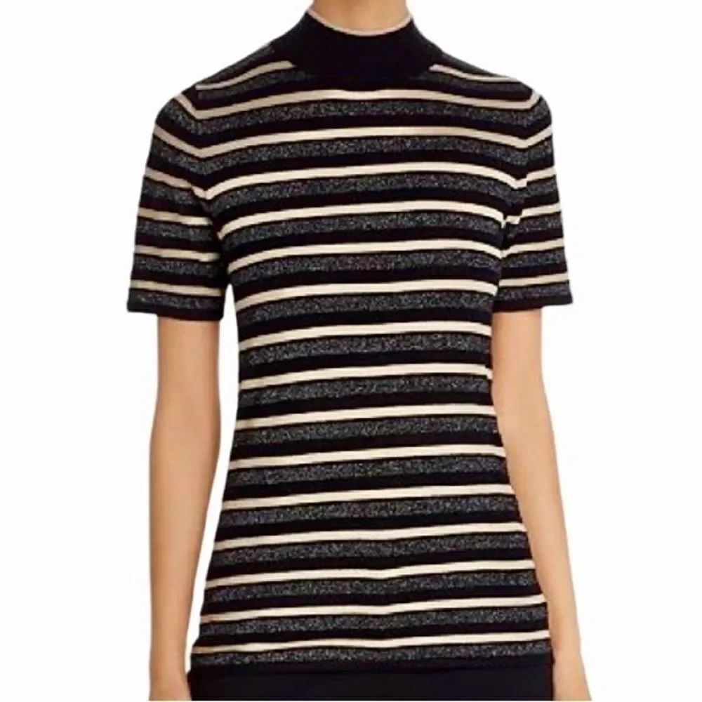 Tahari Striped Mock Neck Top in Black/Gold/Silver Women’s S